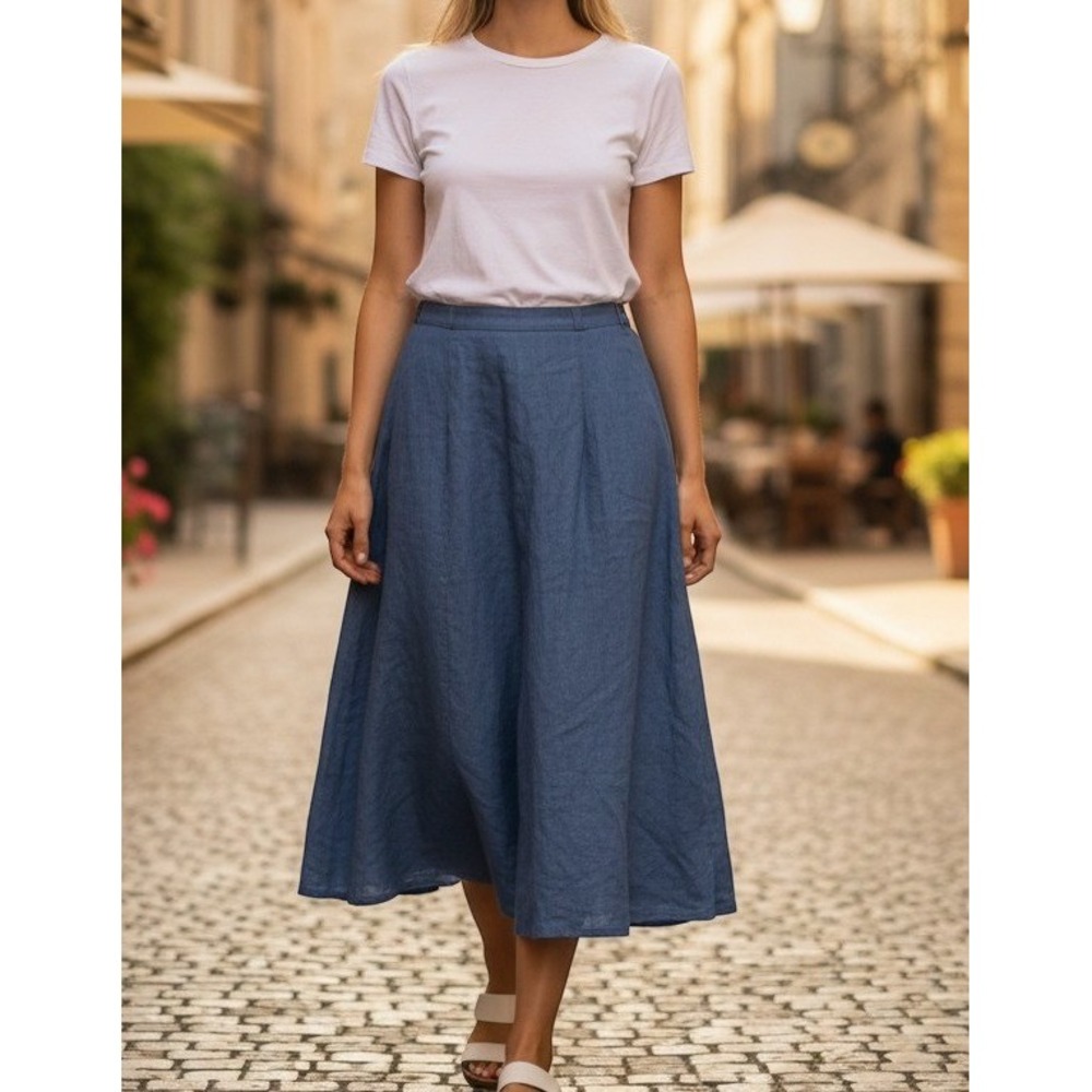 NWT Linen Women's Handmade Studio Blue 100% Linen Wrap Midi Skirt Sz 12 Cottage